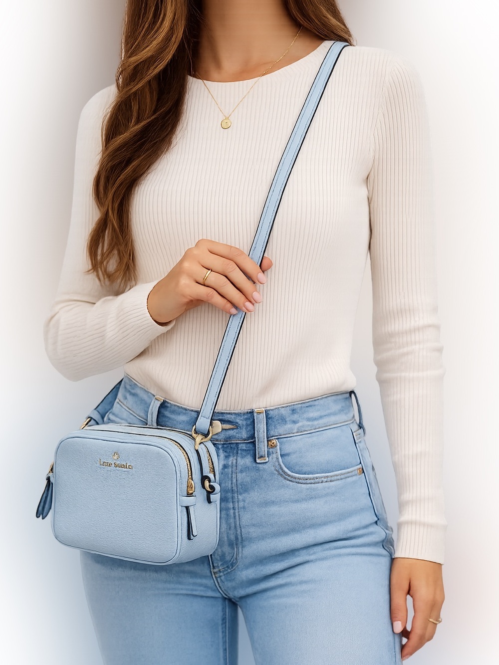 Kate Spade New York Light Blue Pebbled Leather Camera Crossbody Bag